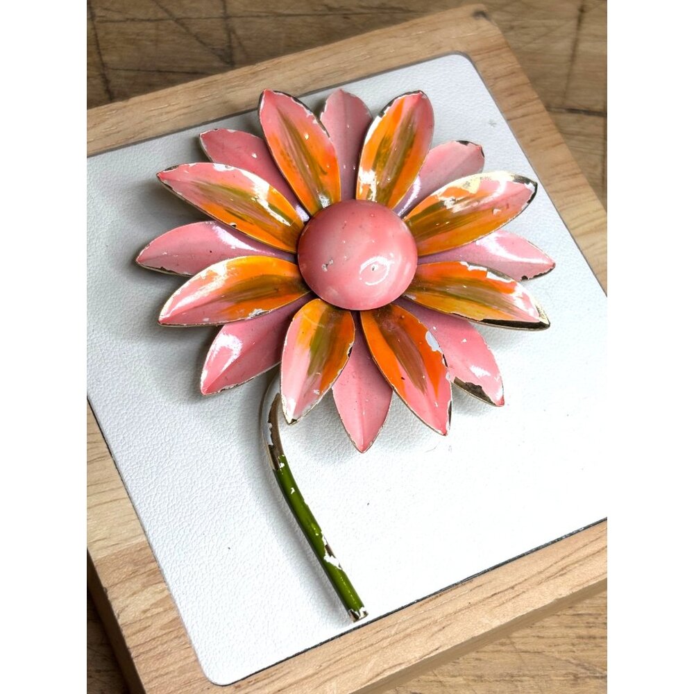 Vintage Pink & Orange Enamel Metal Flower Brooch Pin 2.75" Diameter Retro Floral